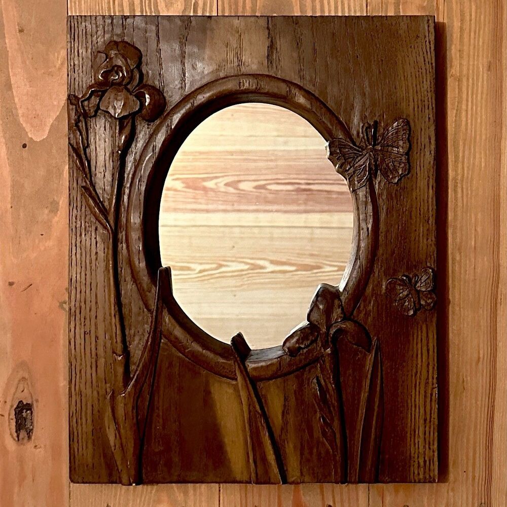 W Abell Jr Miss C 1978 Mod 57 “Irises & Butterflies” Carved Wood Folk Art Mirror